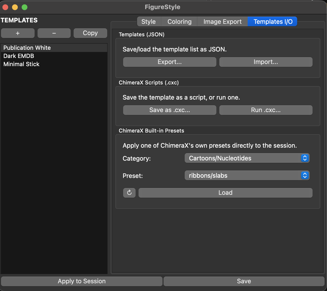 Templates I/O tab