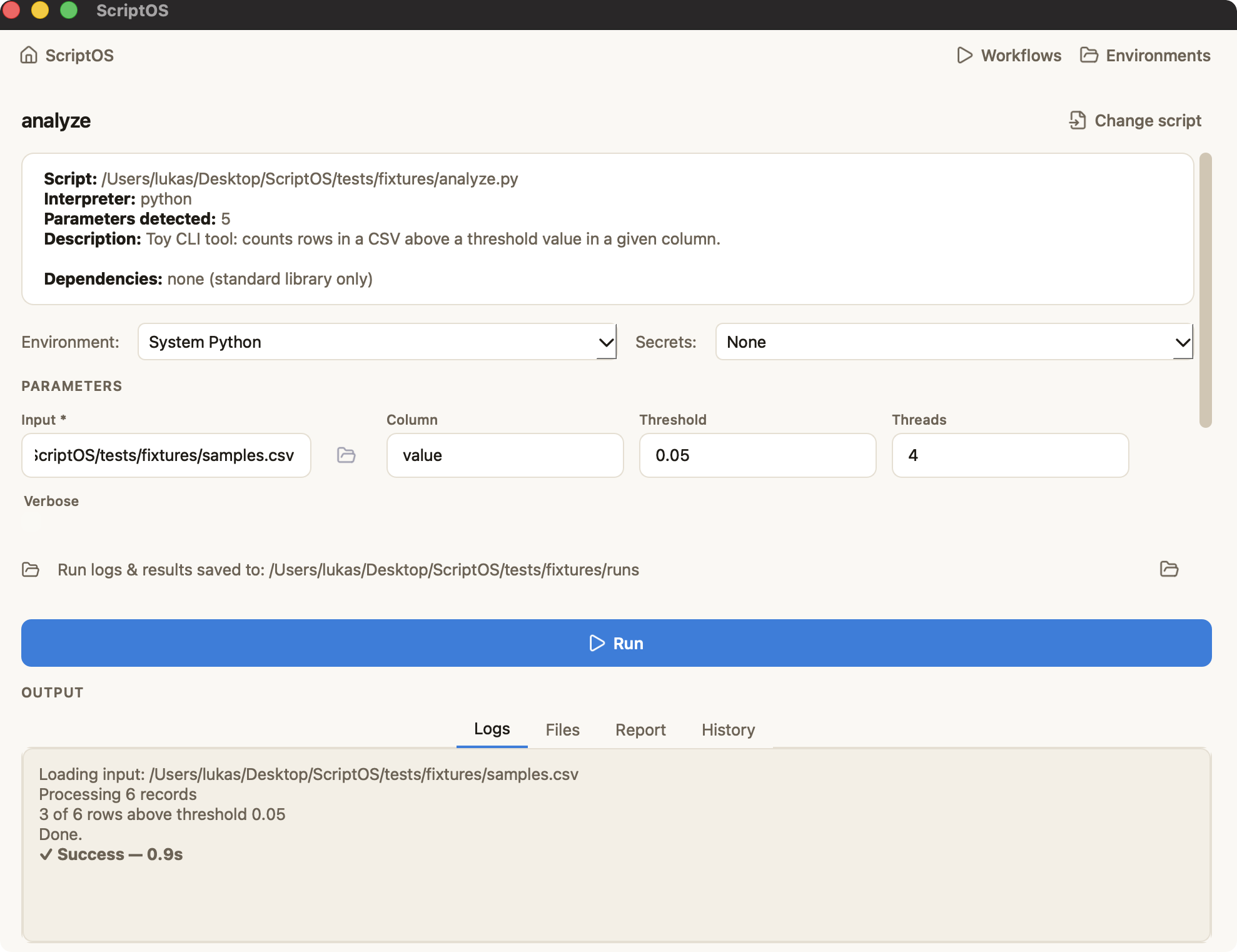 analyze.py after a successful run: logs and a reproducibility summary