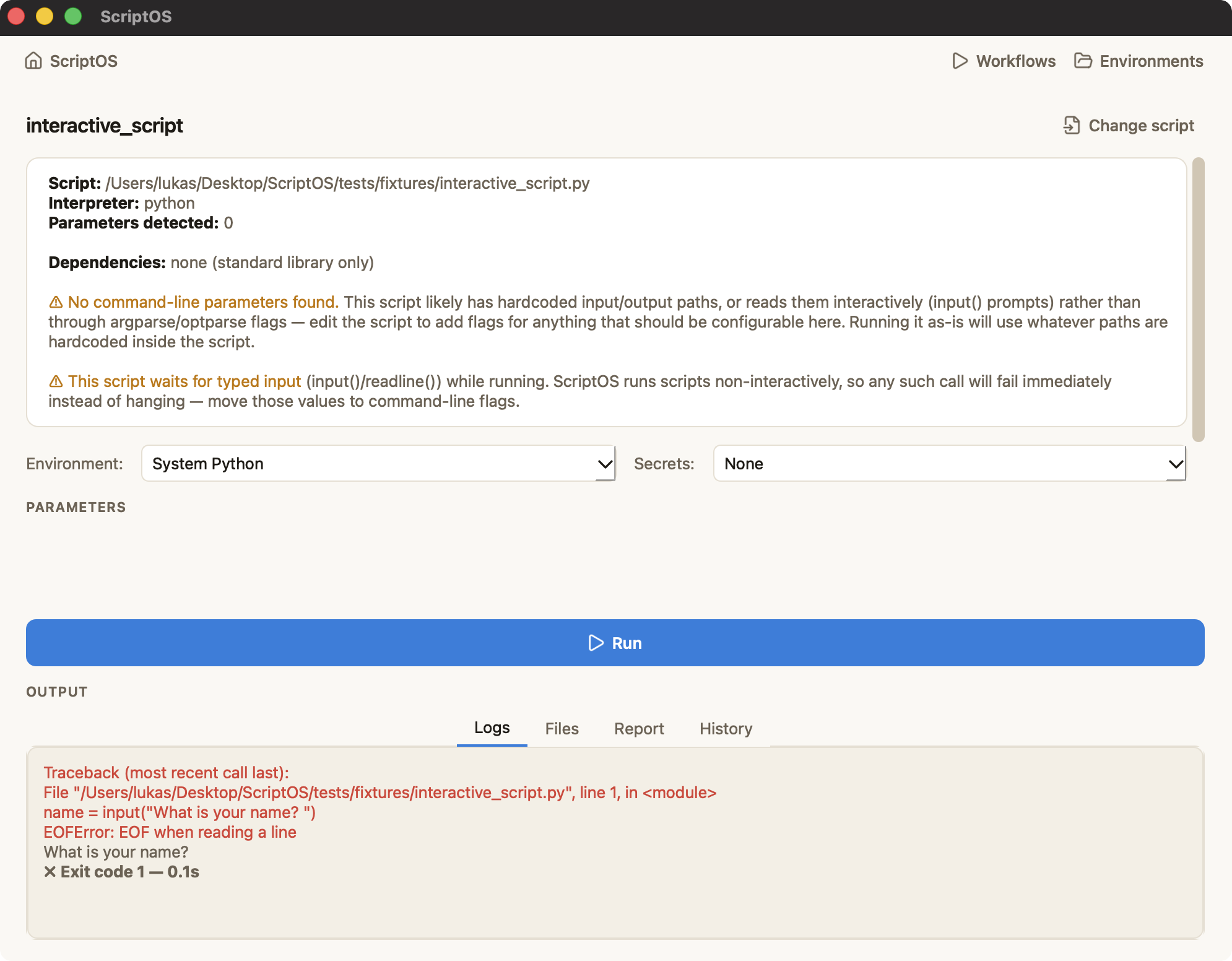 interactive_script.py failing fast with EOFError instead of hanging